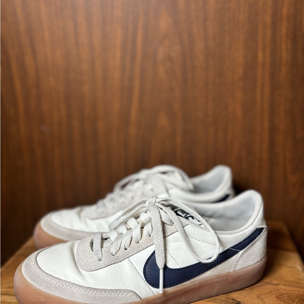 Nike Women's Killshot White Leather Sneakers with Navy Swoosh and Gum Sole